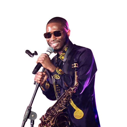 KoyeSax on stage with a microphone and saxophone